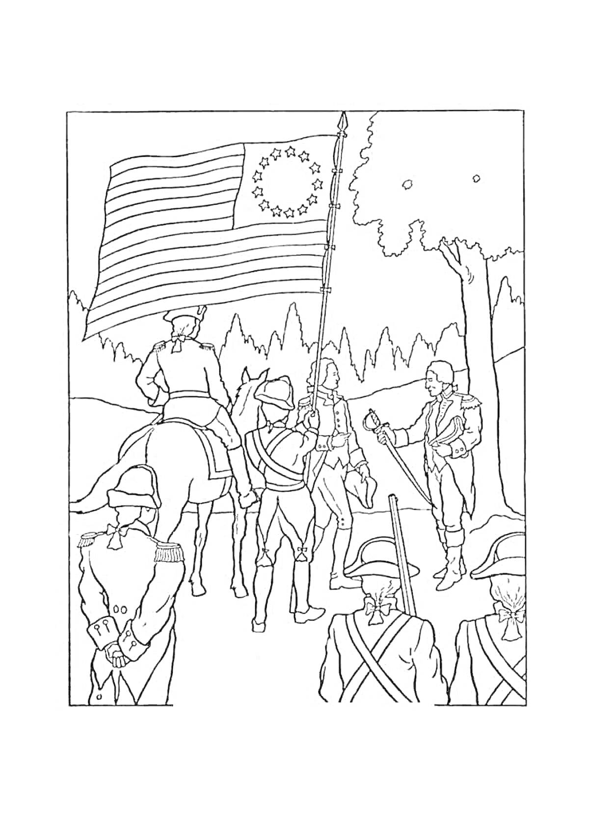 На раскраске изображено: Флаг, Патриотизм, Лес, Историческая сцена, Вооружённые Силы, Конь, Деревья