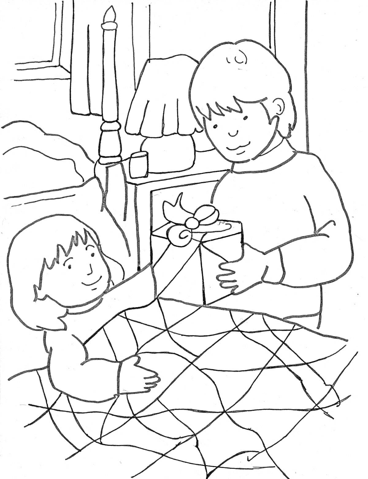 Раскраска Дети дарят подарок в комнате с лампой и свечой
