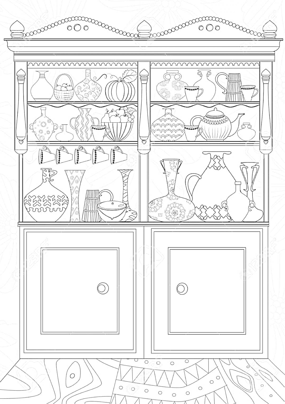 Раскраска Буфет с посудой и вазами. На полках находятся чашки, чайники, кувшины, вазы и бокалы.