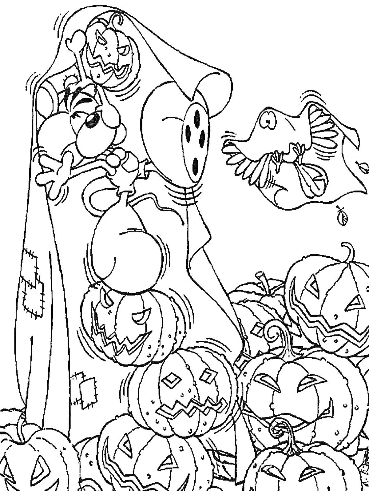 На раскраске изображено: Призрак, Хэллоуин, Летучая мышь, Тыква, Крысы