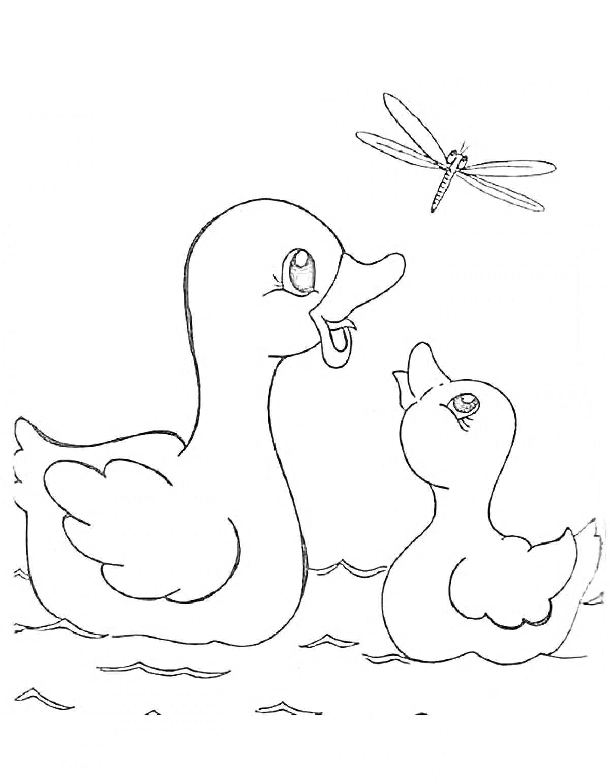 На раскраске изображено: Утка, Вода, Озеро, Природа, Животные, Семейная сцена