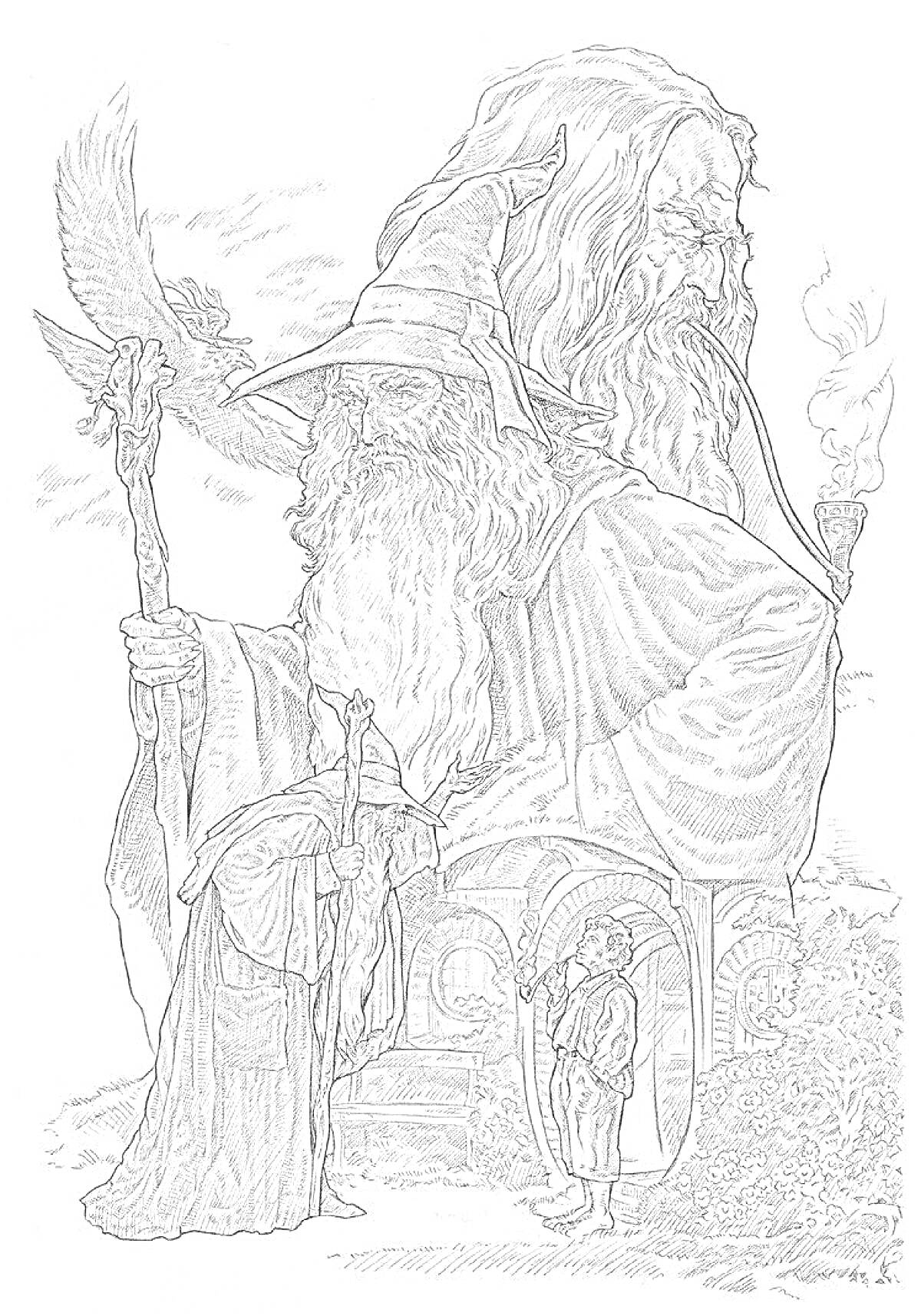 На раскраске изображено: Толкин, Волшебник, Шляпа, Орел, Дверь, Трубка, Дым, Малыш, Борода