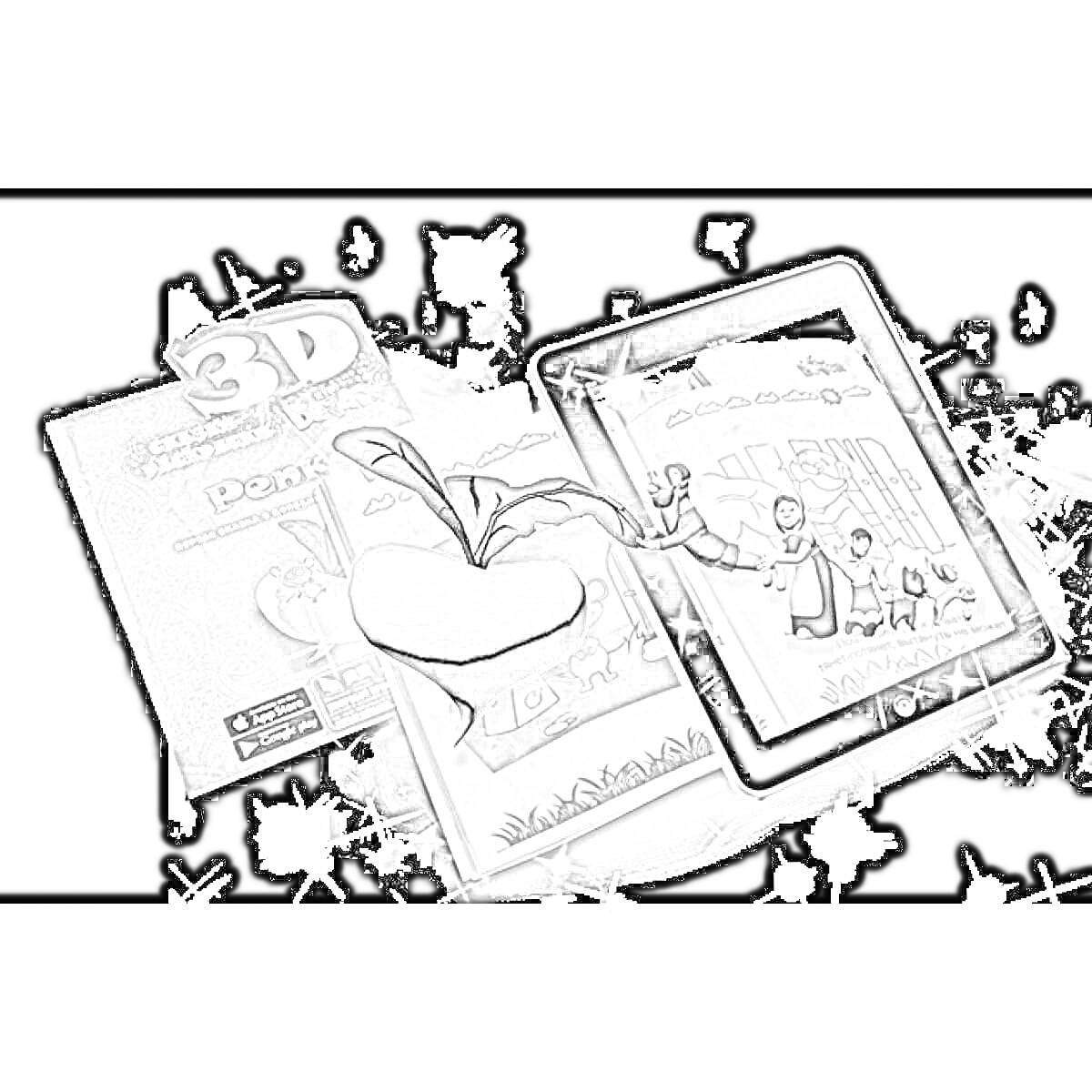 Раскраска Раскраска с 3D элементами и iPad, книжка с логотипом 3D, сердечко с листочками