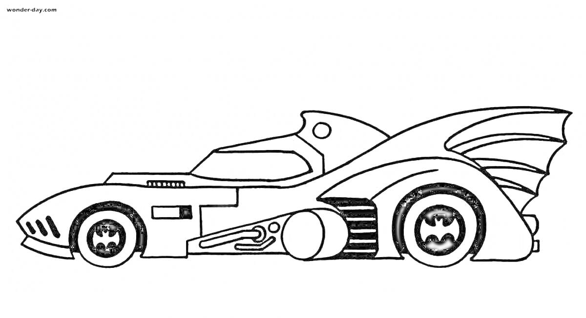 Раскраска Бэтмобиль с эмблемой Бэтмена, антикрылом и трубами