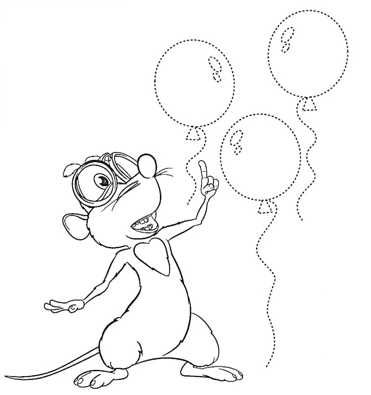 Раскраска Мышка Буба в очках показывает на три воздушных шара