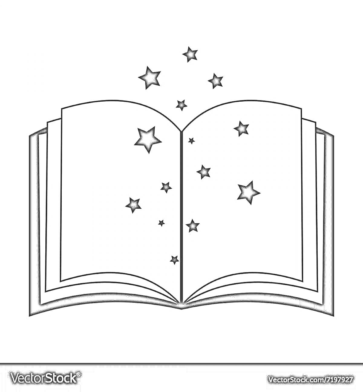 Раскраска Открытая книга с выплывающими волшебными звездами