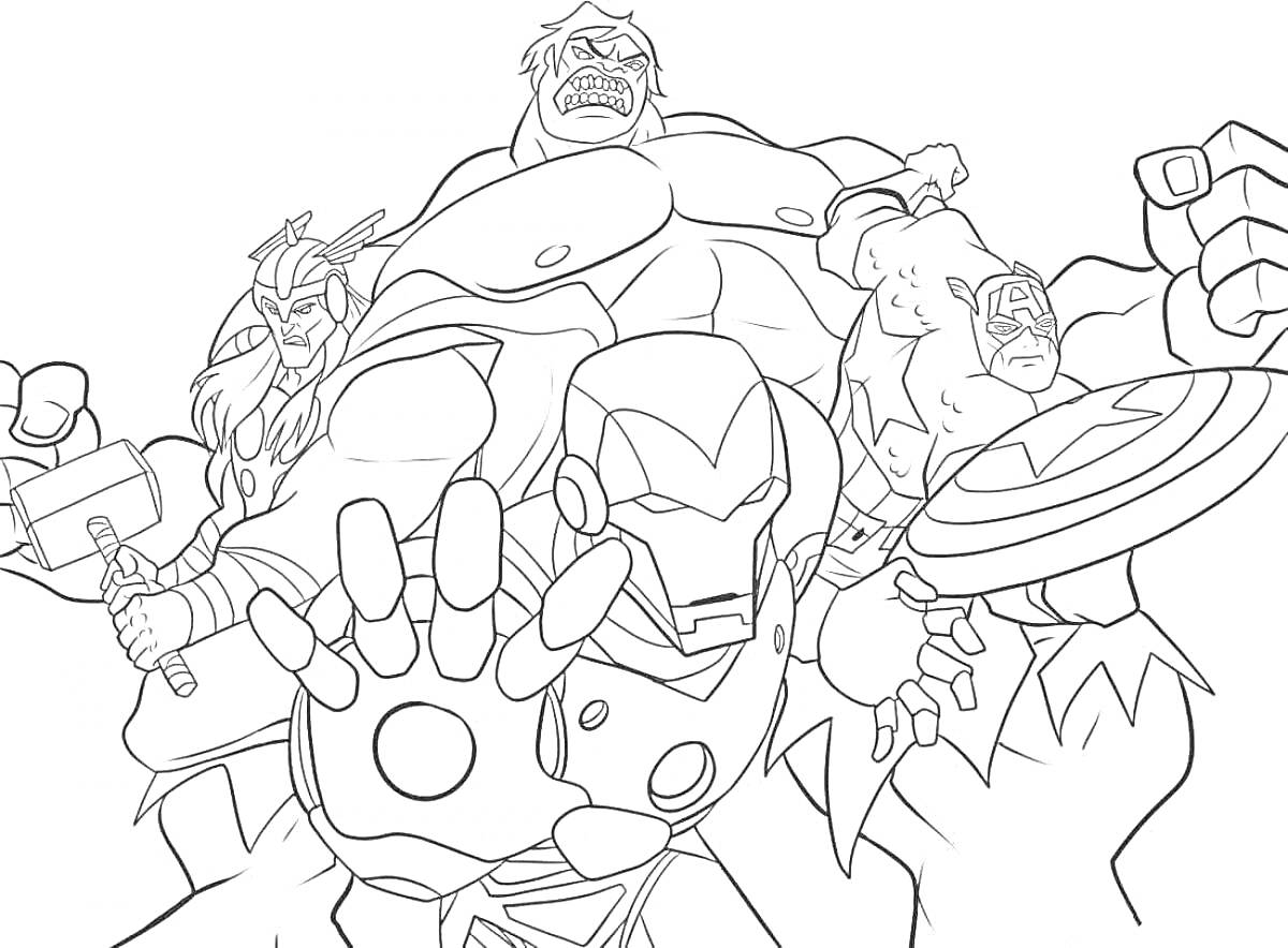 На раскраске изображено: Железный человек, Капитан америка, Тор, Халк, Мстители, Супергерои, Комиксы, Боевое снаряжение, Марвел