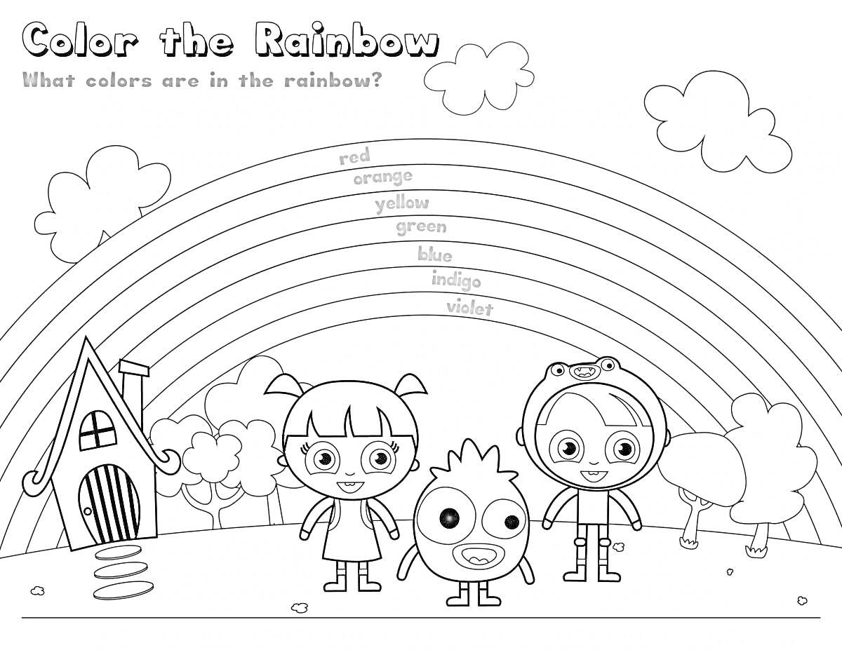 На раскраске изображено: Домик, Облака, Деревья, Желтый, Зеленый, Голубой