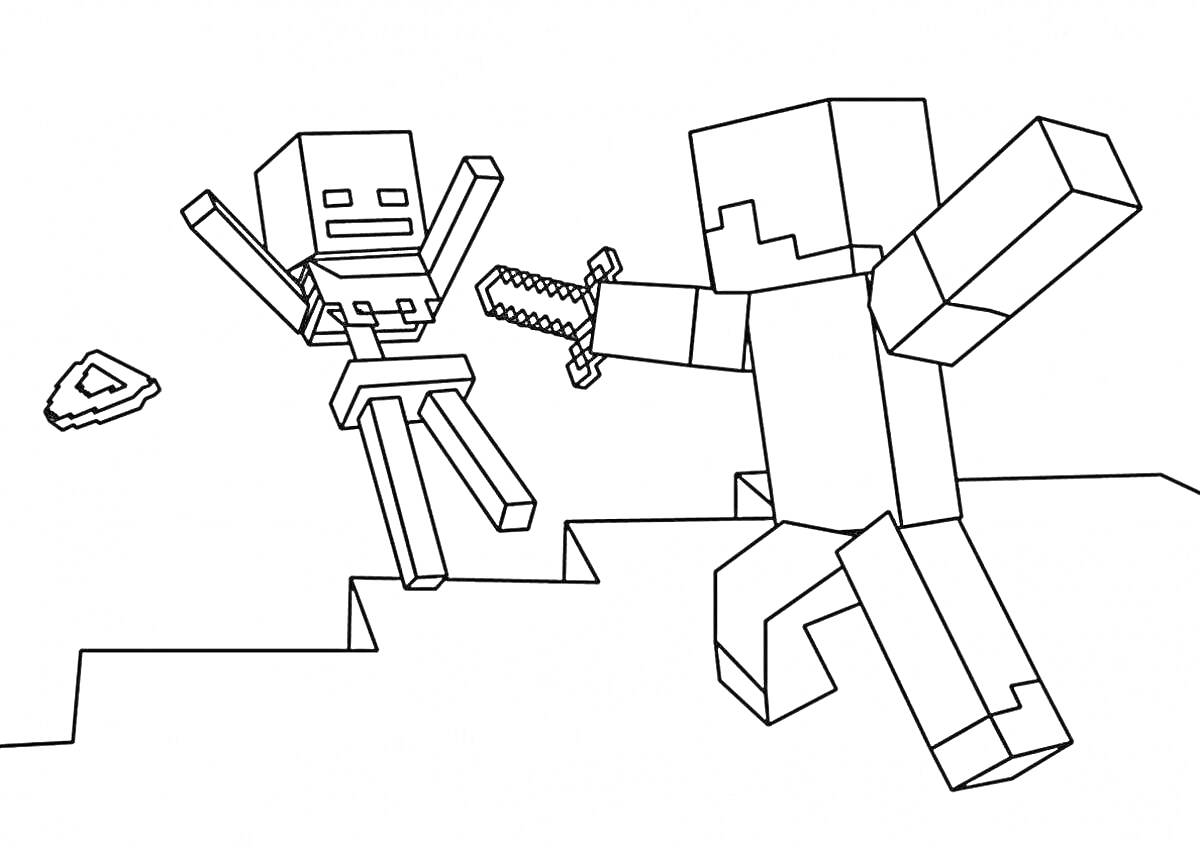 Раскраска Человек с мечом сражается с роботом, рядом лежит предмет в форме треугольника
