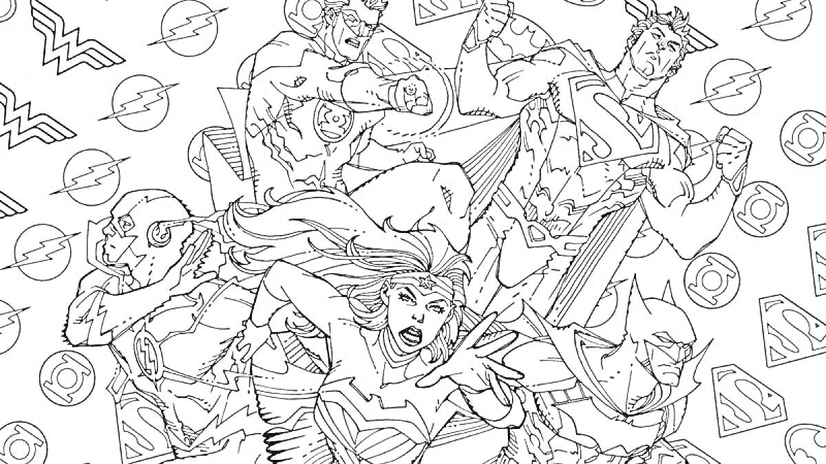 Раскраска Супергерои в боевой позе на фоне символов героев