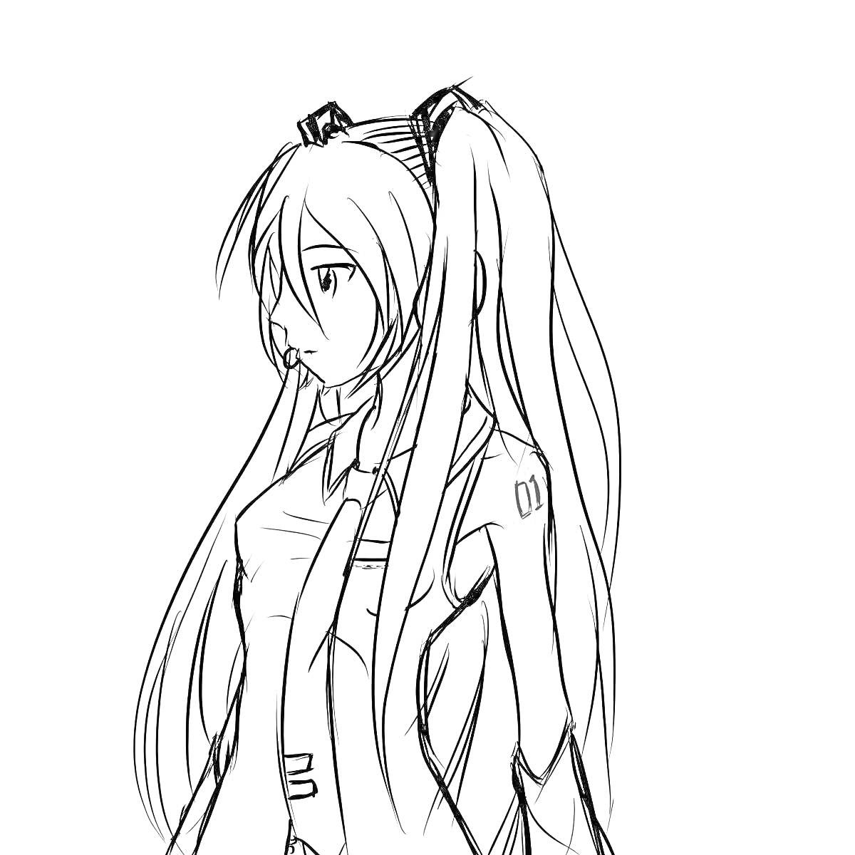 Раскраска Хацунэ Мику с длинными волосами, в профиль, в школьной форме с галстуком