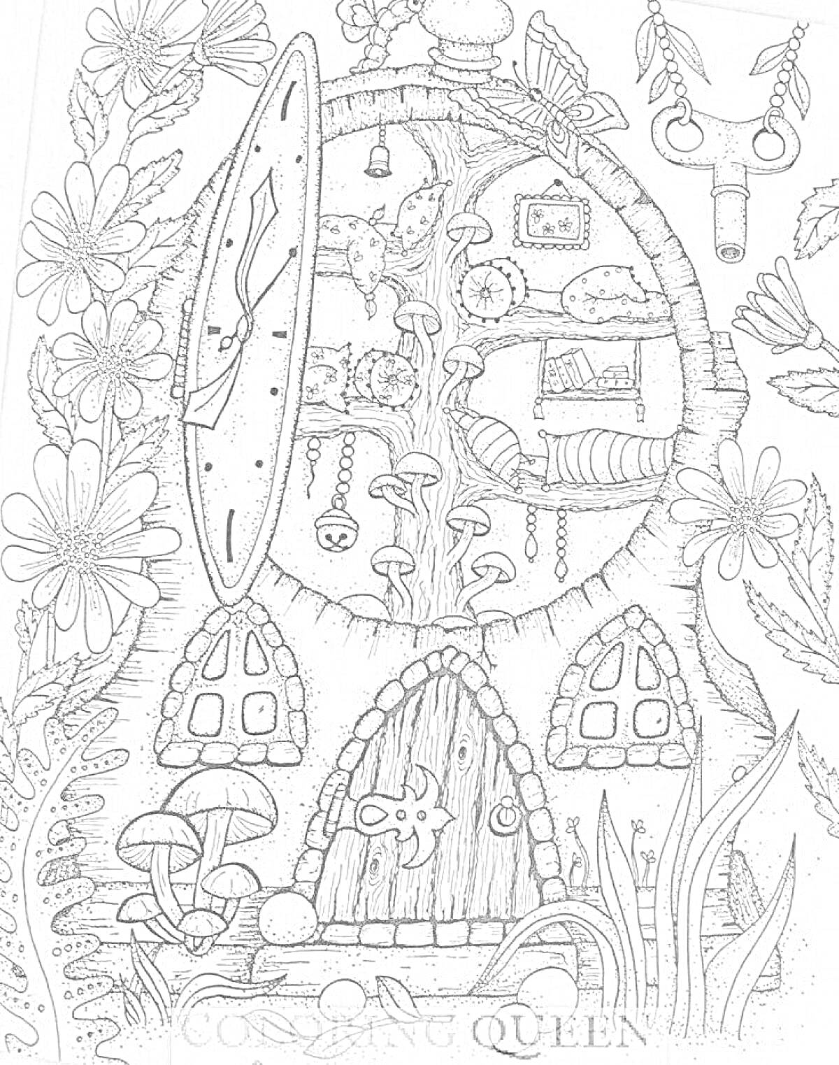 Домик с круглым окошком в дереве, с комнатами внутри, окруженный цветами, грибами и различными декоративными элементами