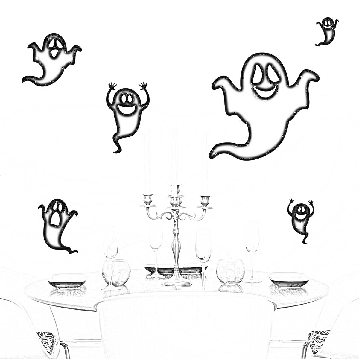 На раскраске изображено: Наклейки, Привидения, Обеденный стол, Подсвечник, Украшение комнаты, Декор, Интерьер, Хэллоуин