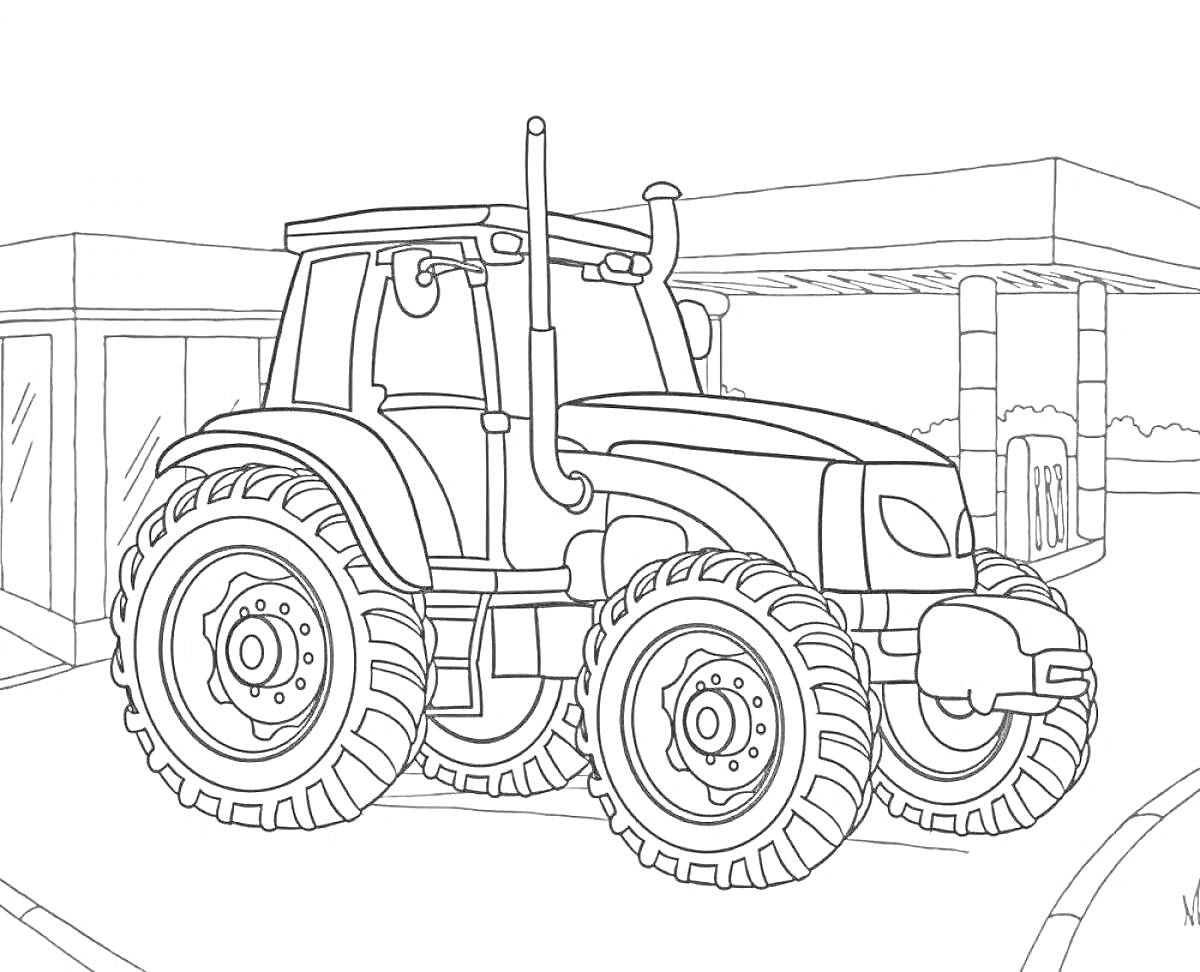 На раскраске изображено: Трактор, Большая машина, Здание, Колёса, Окна, Колонны, Городской пейзаж, Транспорт