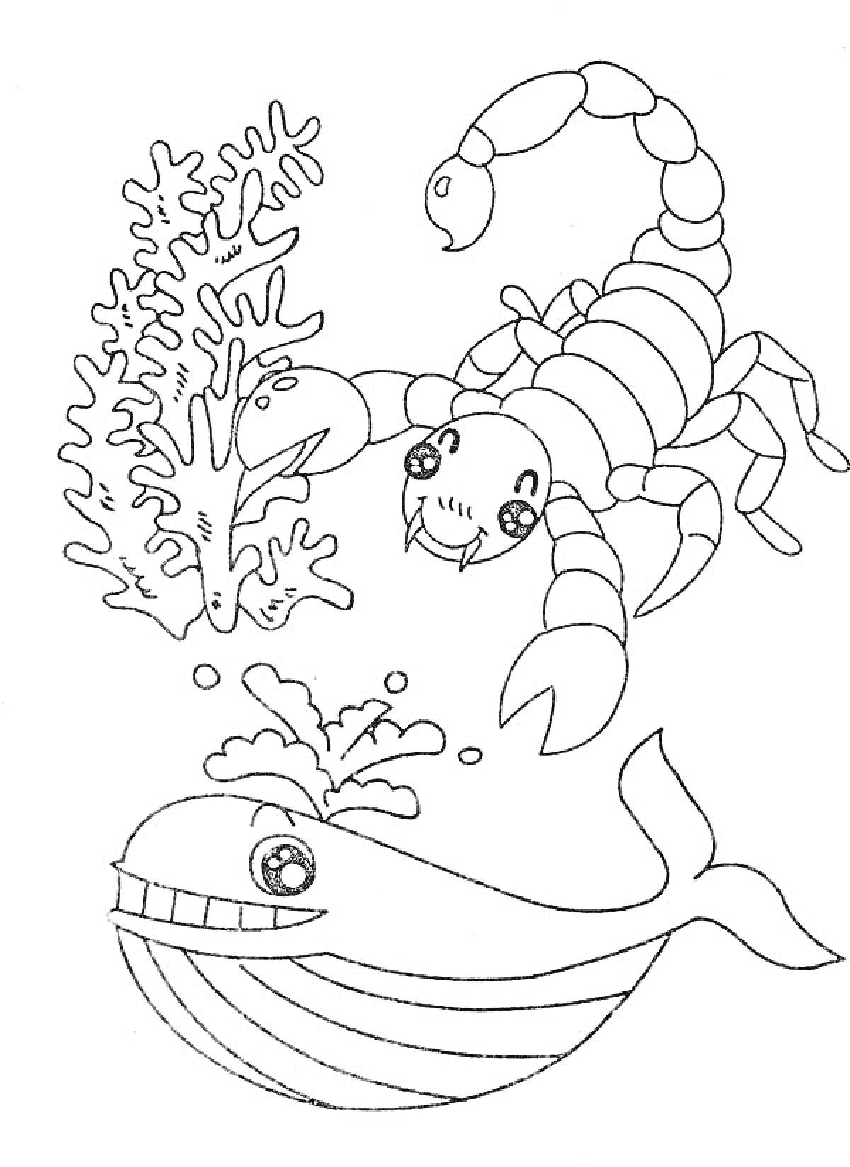 Раскраска Кит и морской скорпион возле коралла