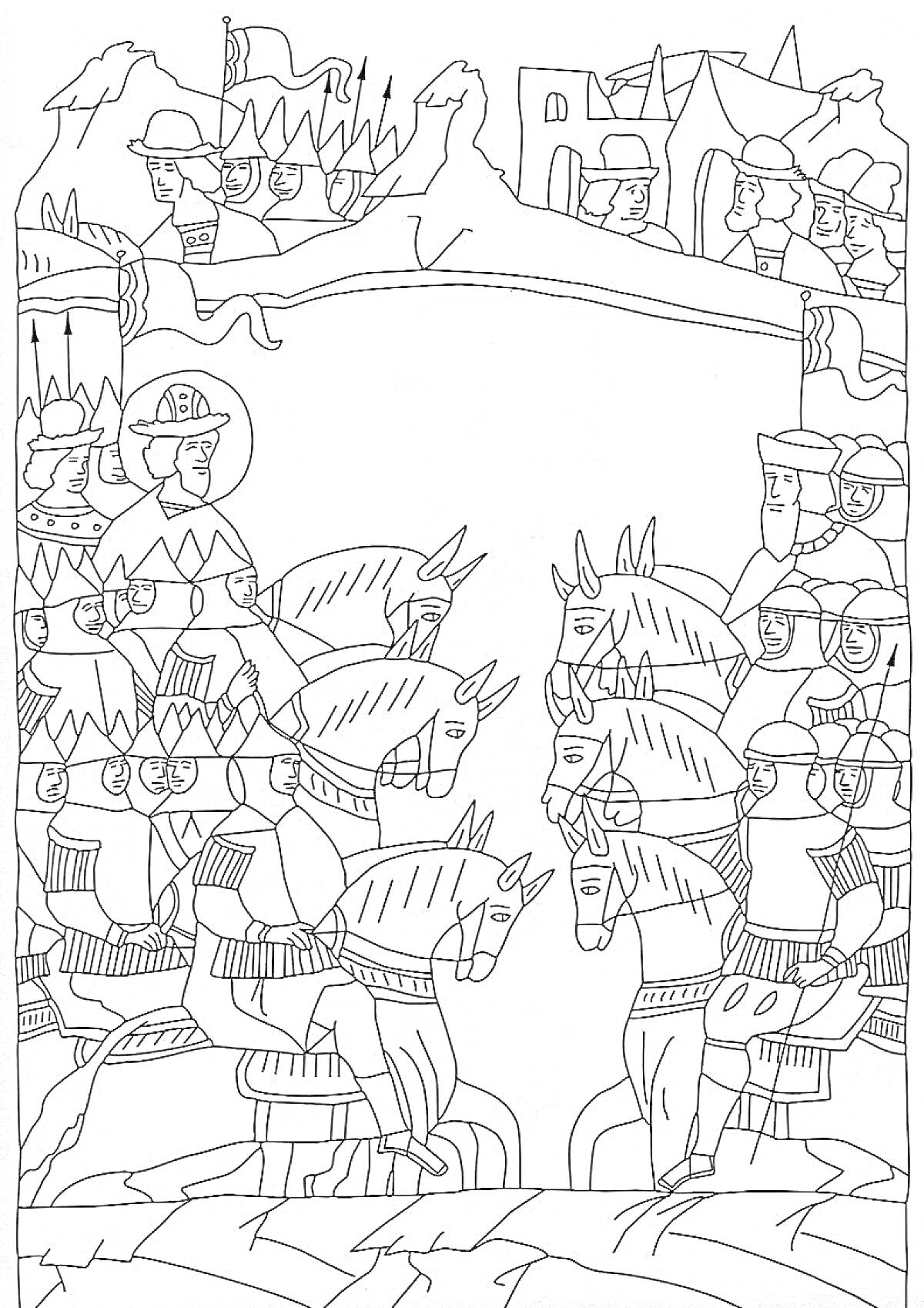 На раскраске изображено: Ледовое побоище, Кони, Замок, Знамёна, Войско, Битва, Историческая сцена