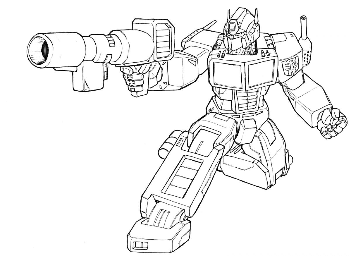 На раскраске изображено: Трансформеры, Робот, Оружие, Атака, Боевой робот