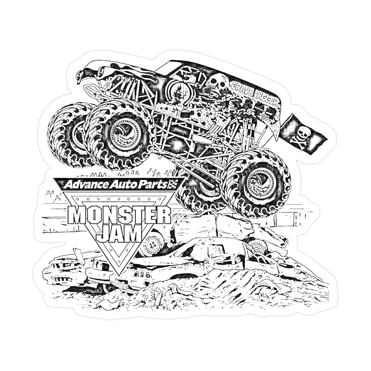 Раскраска Монстр-трак на трассе с флагом и зрителями