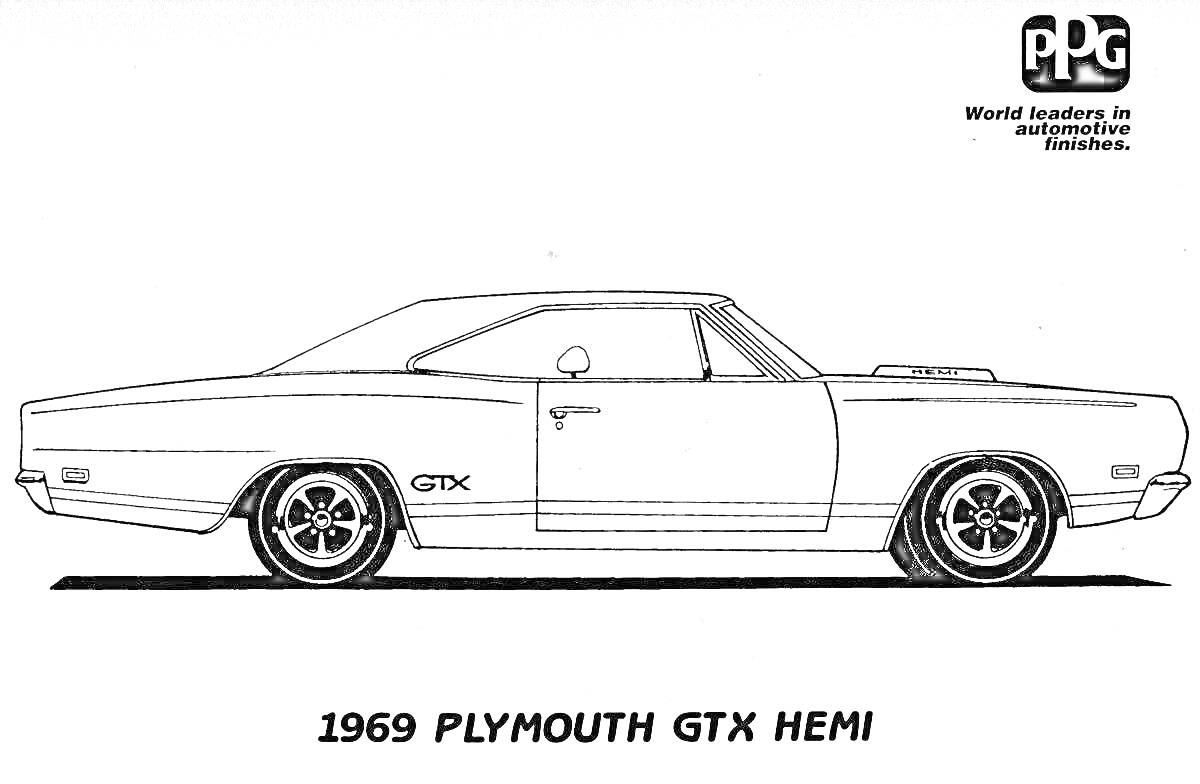 Раскраска Чертеж 1969 Plymouth GTX Hemi с логотипами и текстом PPG.