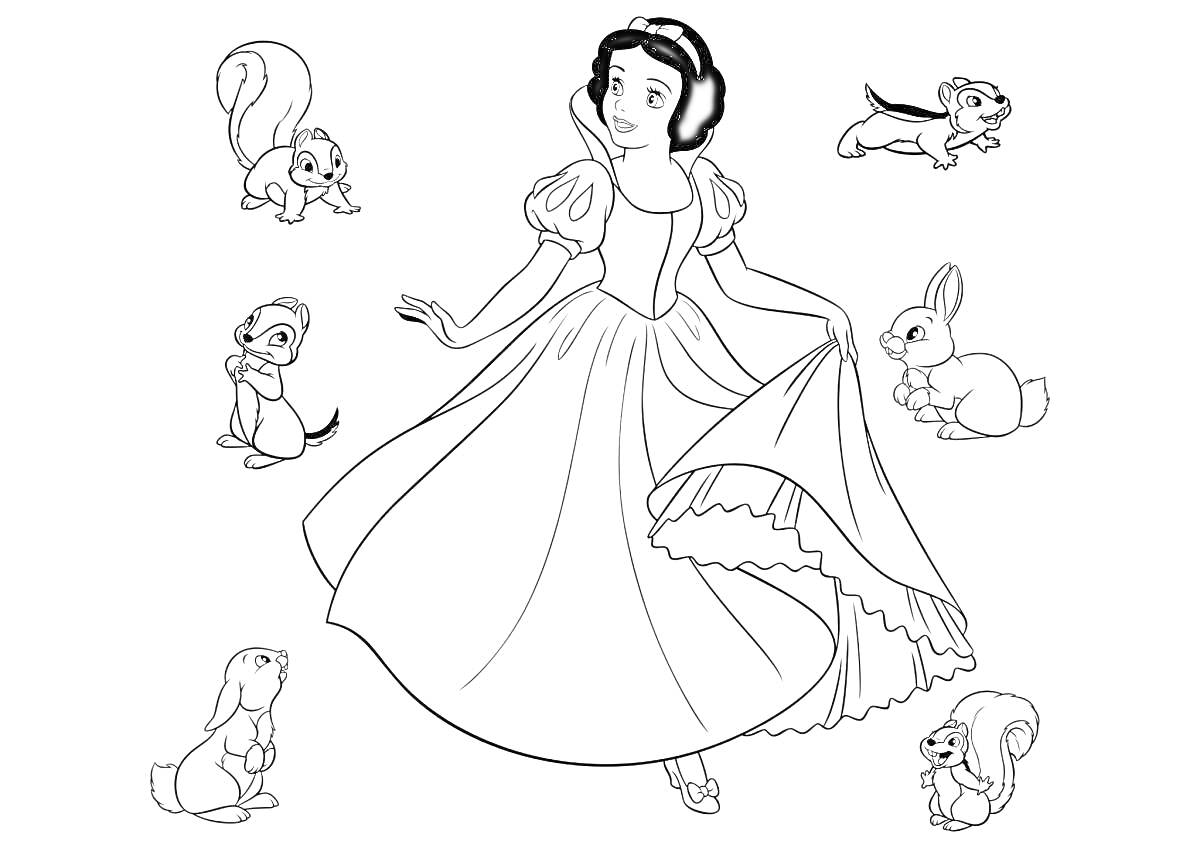 На раскраске изображено: Принцесса, Платье, Лесные животные, Белка, Кролик, Олень, Енот, Лисичка