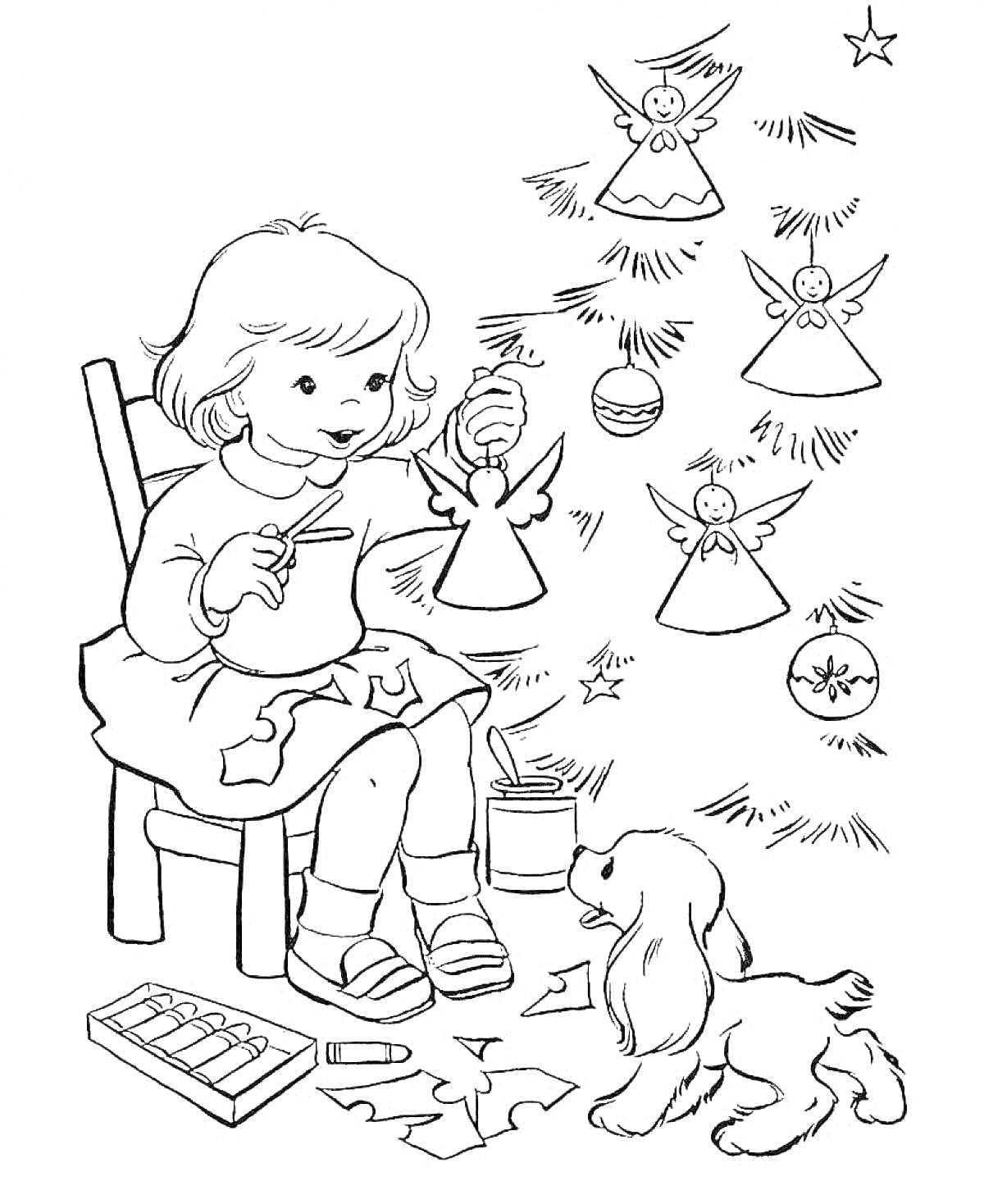 Раскраска Девочка вырезает ангелов для рождественской ёлки, рядом сидит щенок и на полу разложены бумага и элементы декора