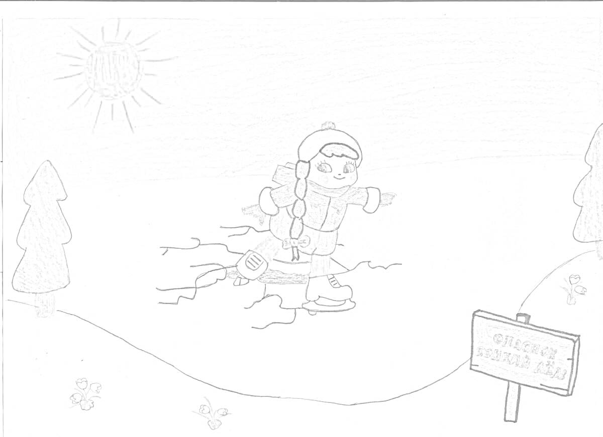 Раскраска Ребенок на тонком льду, рядом с предупреждающим знаком, деревья на заднем плане, солнце на горизонте