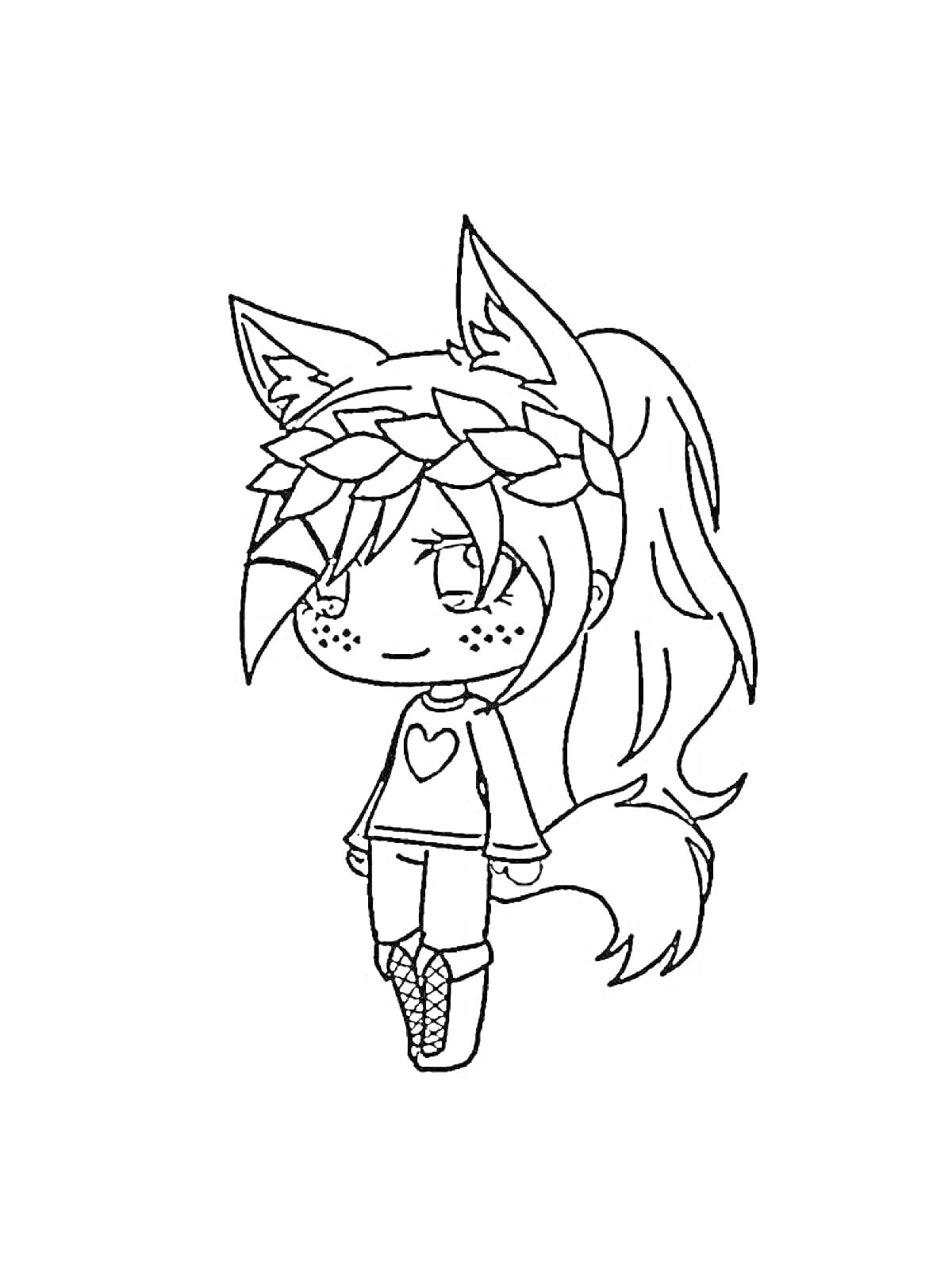Раскраска Девочка с кошачьими ушками и хвостом в свитере с сердечком и косах на голове