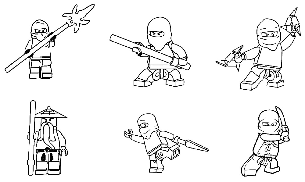 Раскраска Лего Ниндзя Го - Фигурки ниндзя с оружием (нозерна звезда, палка, нунчаки, трезубец, меч)