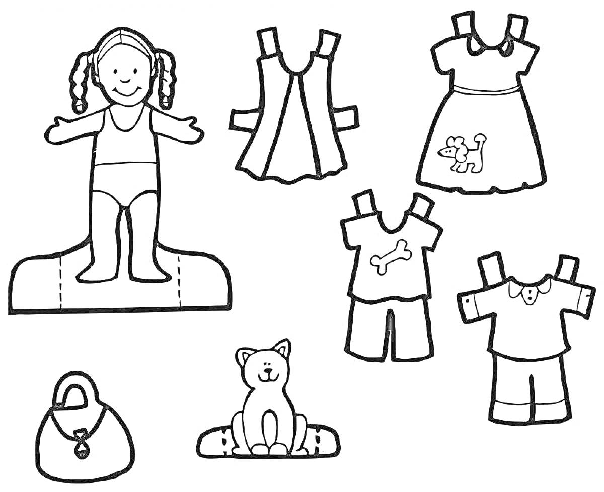 Раскраска Бумажная кукла с разнообразными нарядами и аксессуарами (сарафан, платье с собакой, кофта и шорты, кофта и штаны, кошка, сумка)
