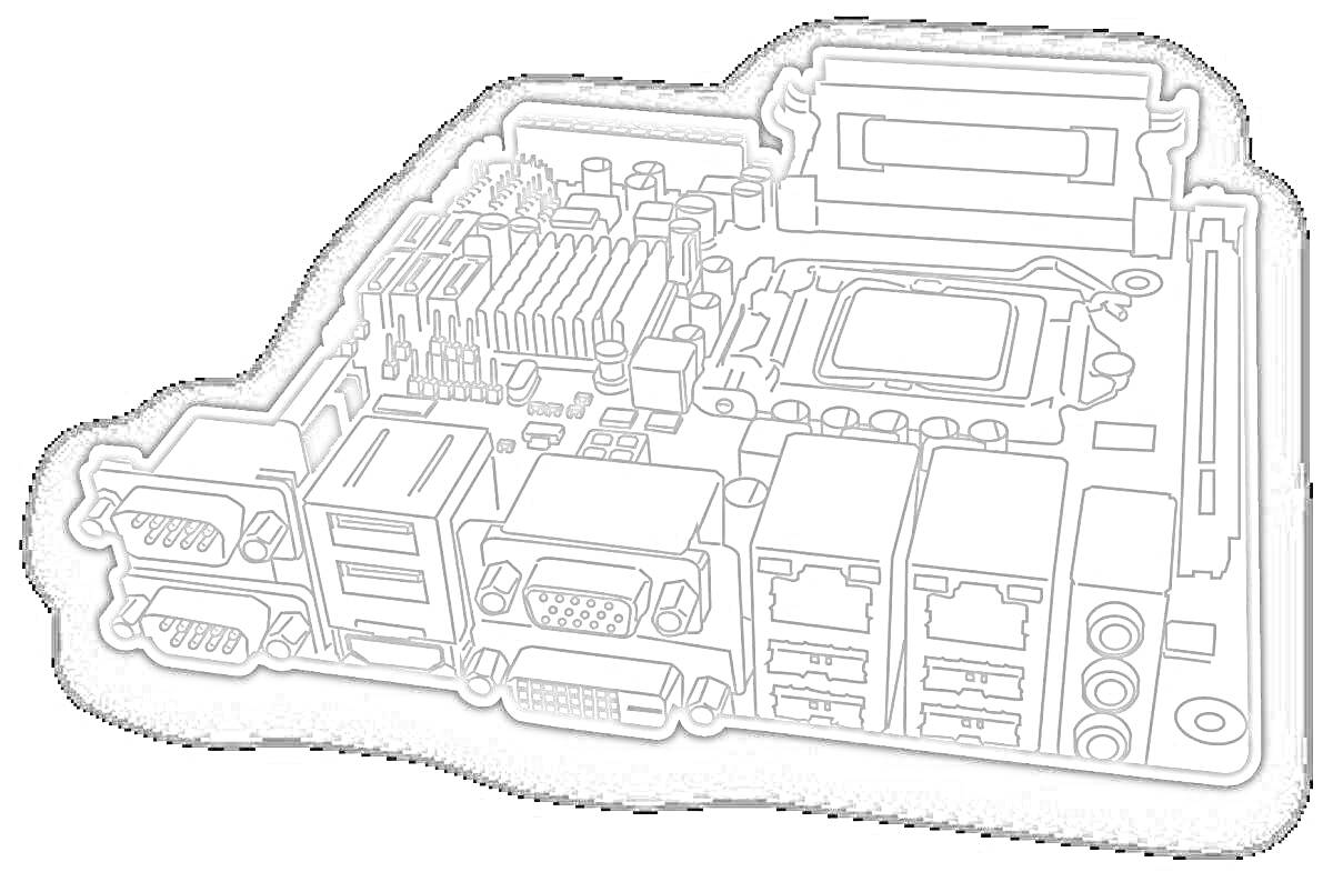 Раскраска с изображением материнской платы с разъемами и компонентами