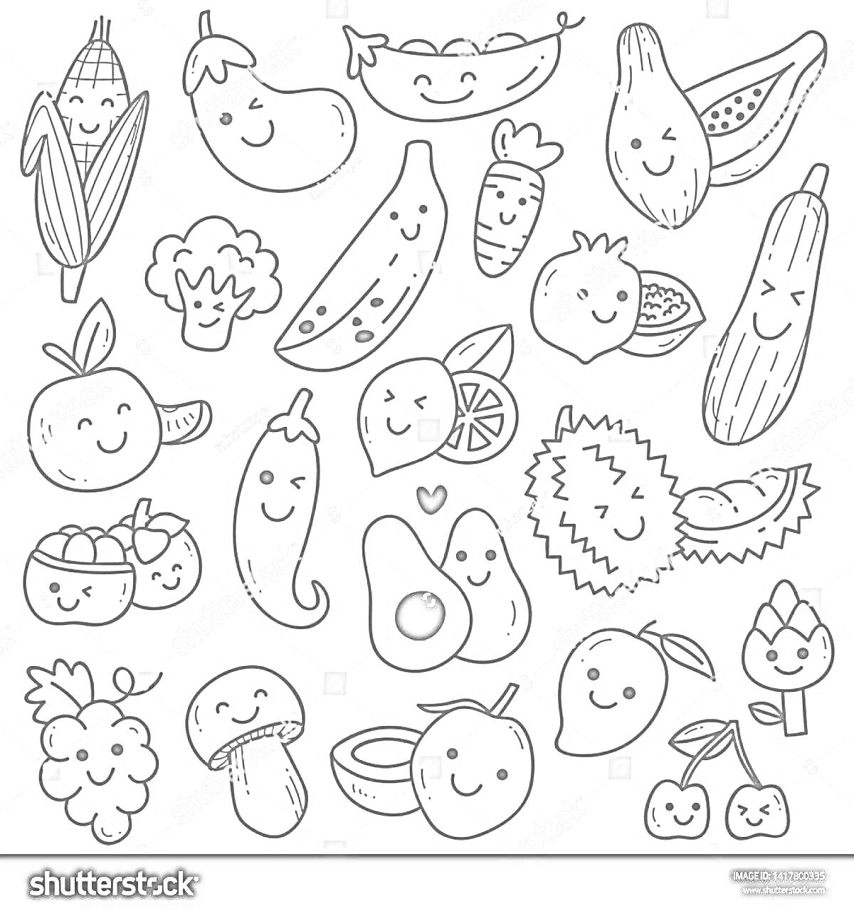 Раскраска Счастливые фрукты и овощи - кукуруза, баклажан, горох, авокадо, арбуз, клубника, киви, апельсин, грибы, абрикос, перец, лимон, апельсиновый ломтик, дуриан, брокколи, кабачок, черника, лукошко с ягодами, малина, кокос, вишня