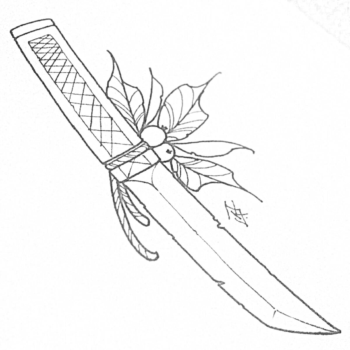 Раскраска Нож бабочка с украшением из листьев и ягод, стандофф 2