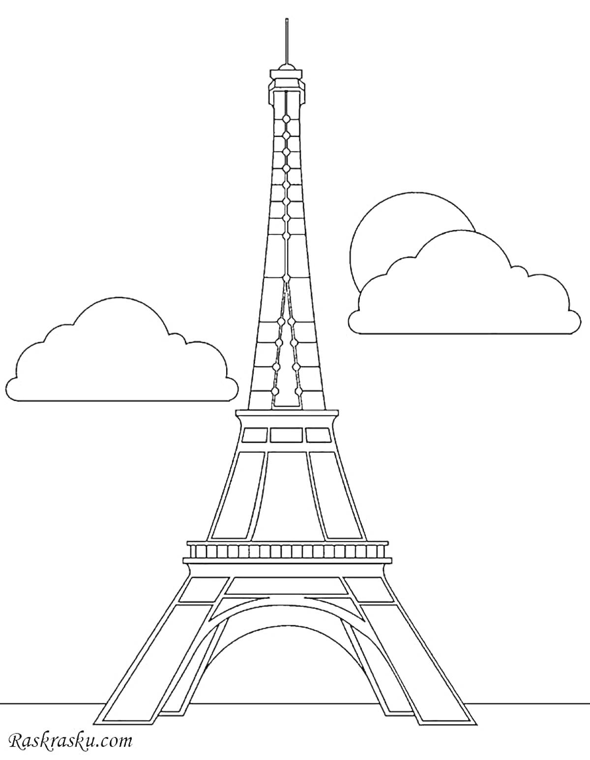На раскраске изображено: Эйфелева башня, Париж, Франция, Архитектура, Облака, Небо