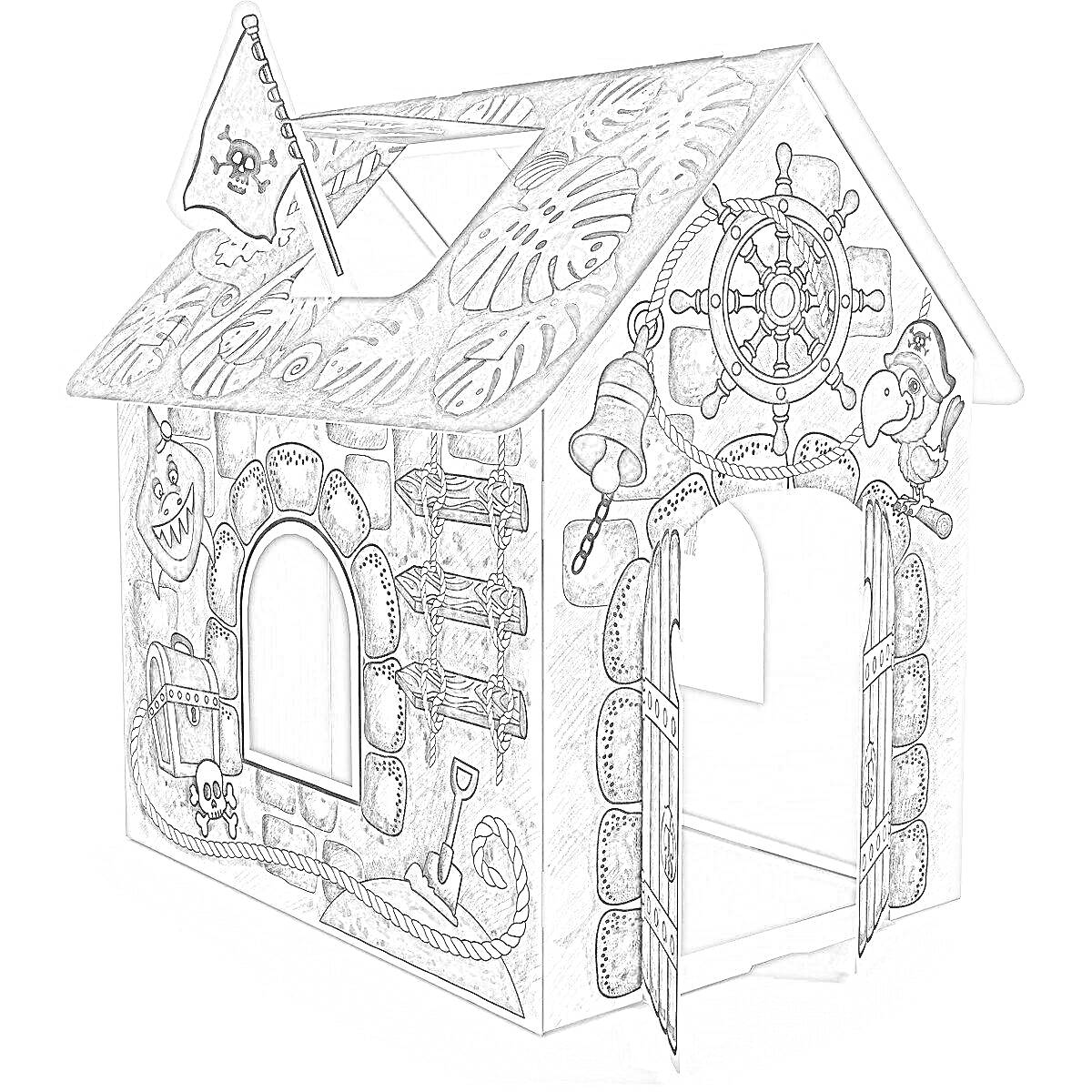 На раскраске изображено: Игровой домик, Флаг, Штурвал, Колокол, Дверь, Пиратская тематика