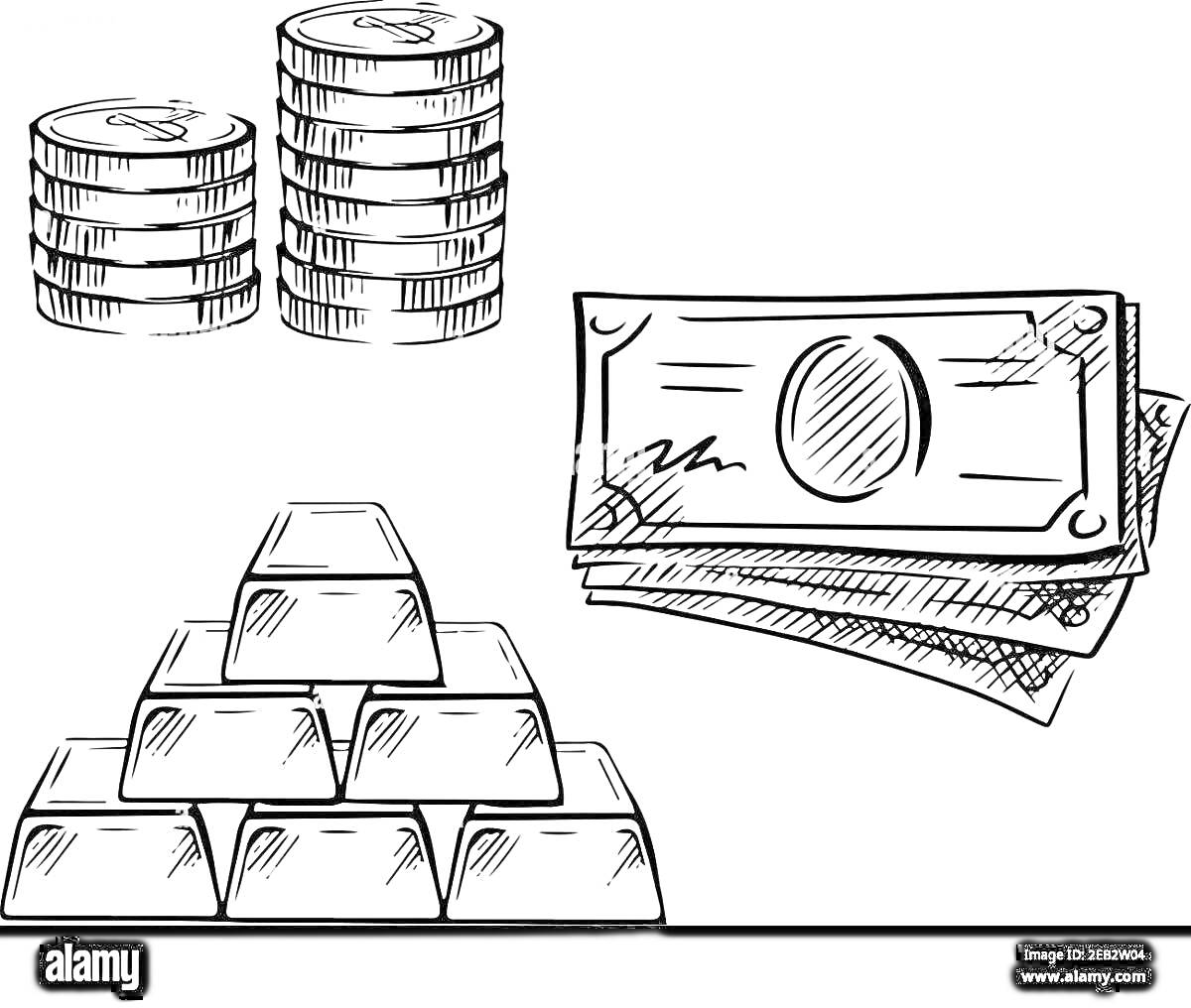 На раскраске изображено: Монеты, Банкноты, Золото, Финансы, Деньги, Богатство