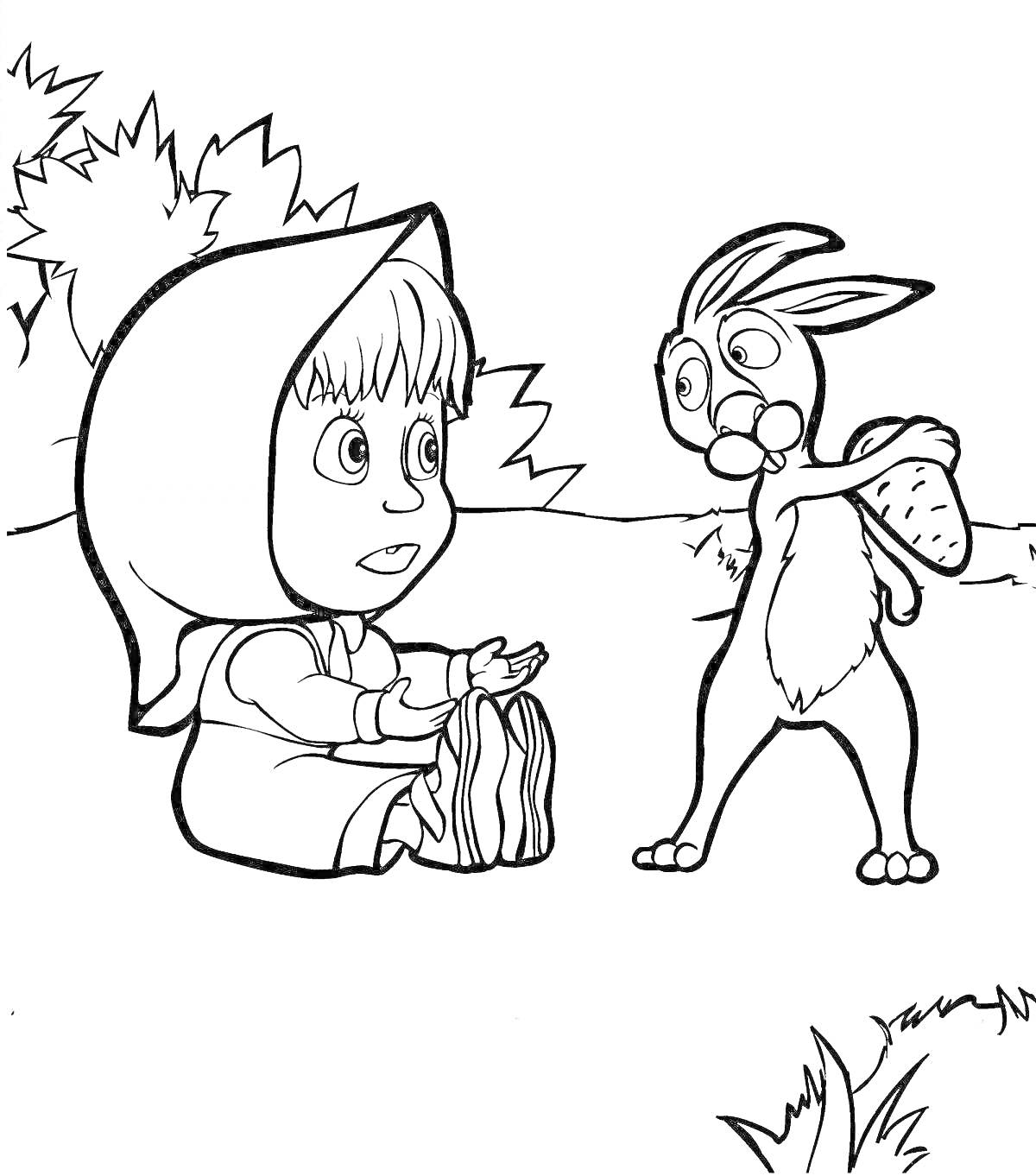 Раскраска Дети в капюшоне и кролик с морковкой на природе