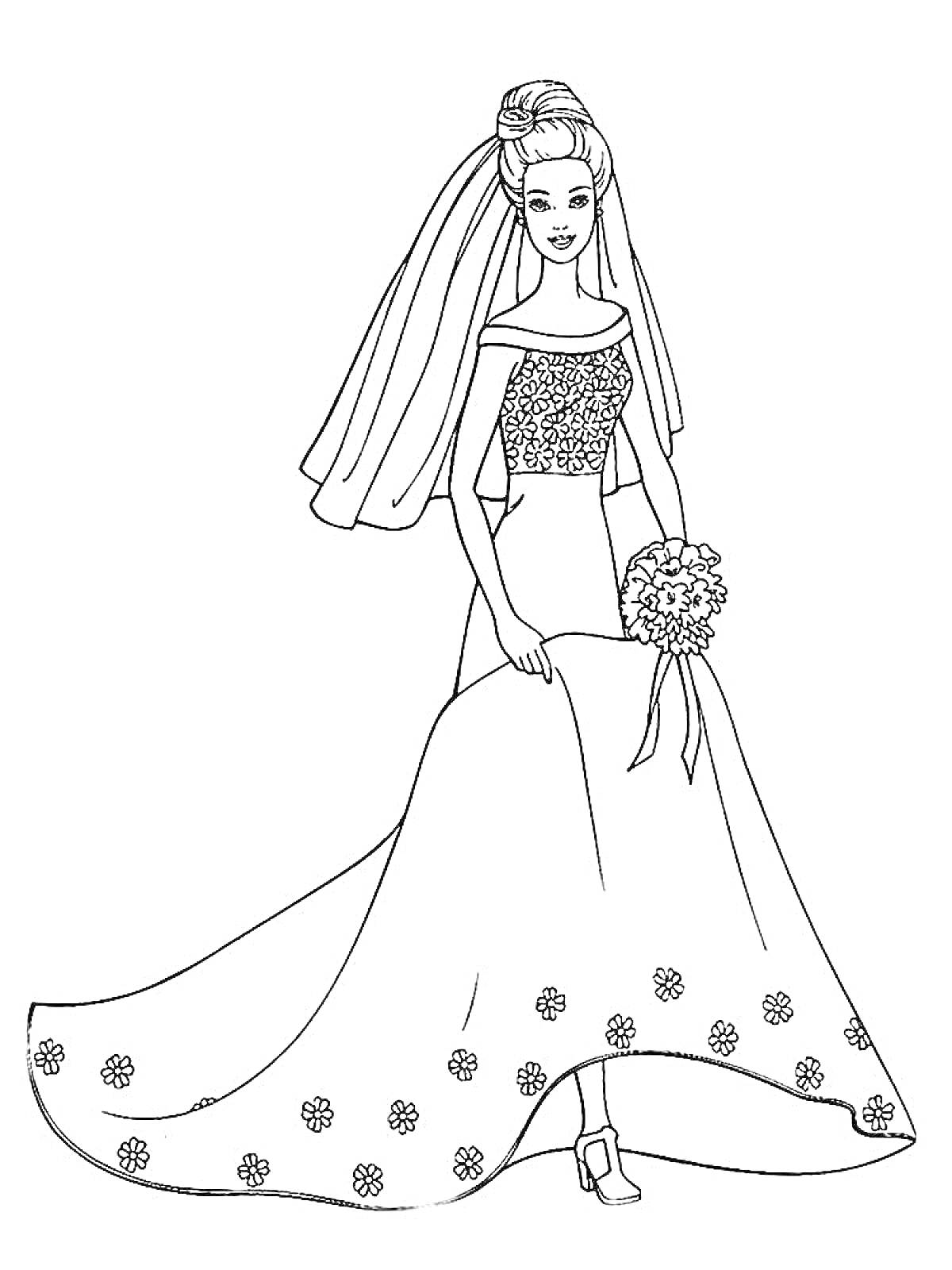 Раскраска Барби в свадебном платье с букетом цветов