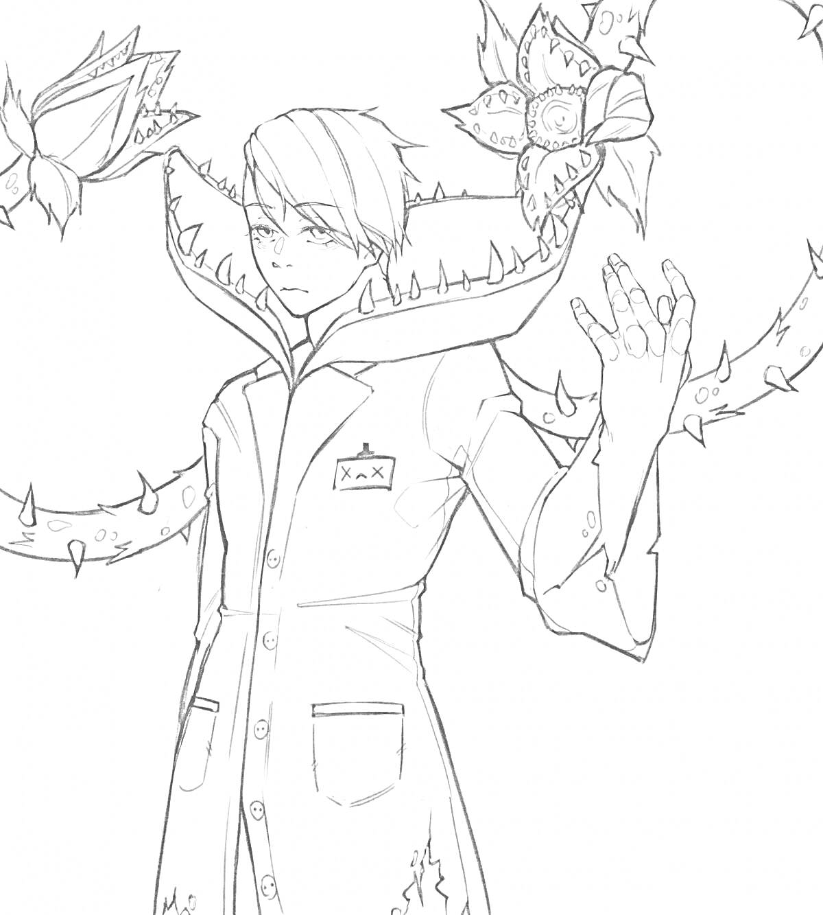 На раскраске изображено: Доктор, Халат, Растения, Шипы, Цветы, Очки, Фантастика, Ботаника