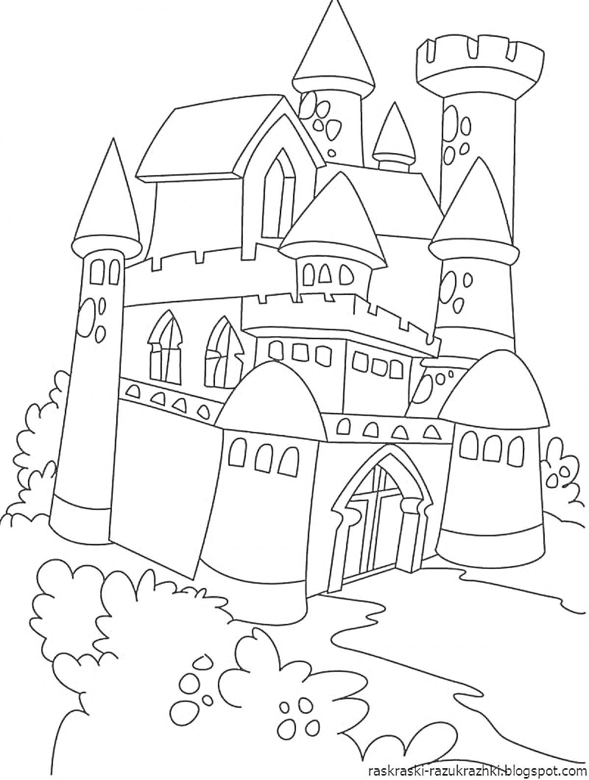 Раскраска Картинка замка с башнями, подъемным мостом, окнами и кустарником на переднем плане
