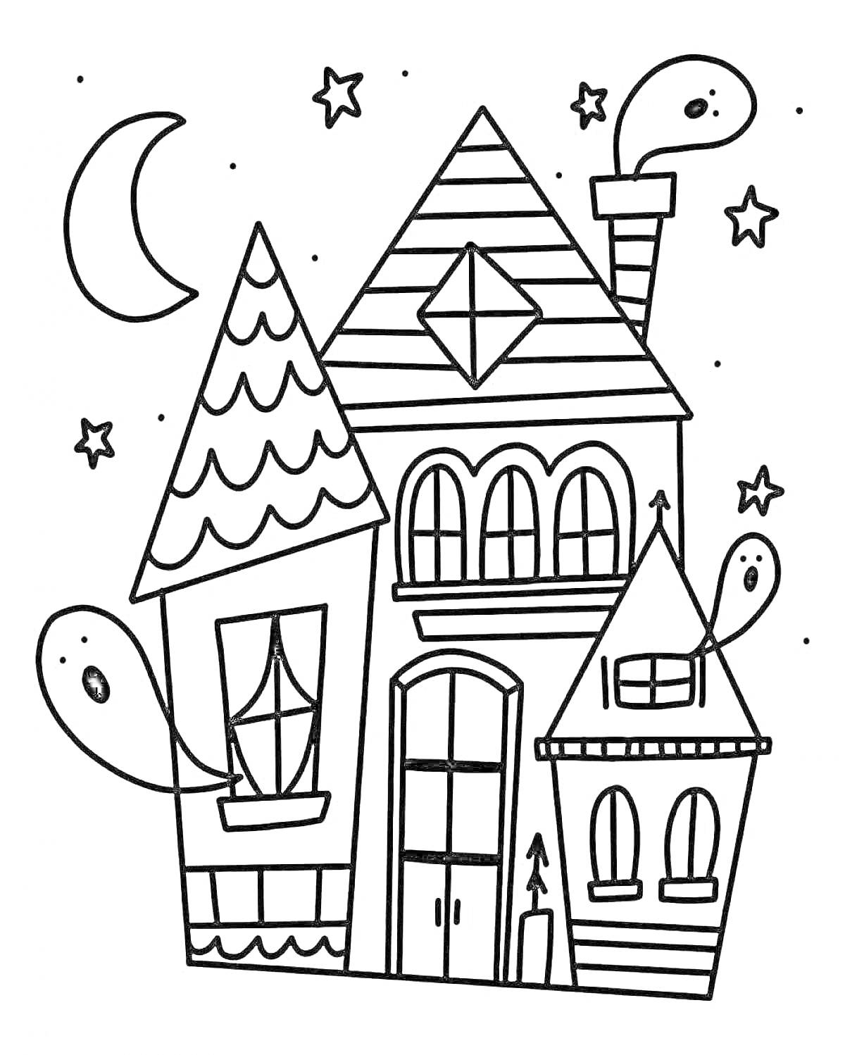 На раскраске изображено: Дом, Привидения, Луна, Звезды, Окна, Дымоход, Ночь