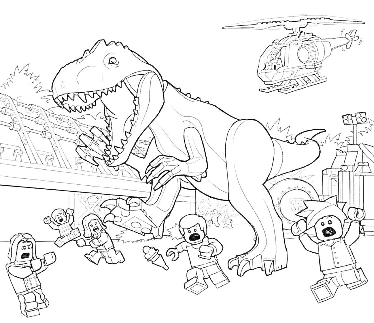 На раскраске изображено: Динозавр, Вертолет, Мир Юрского периода, Атака, Лего, Растительность, Забор, Прожекторы, Человек