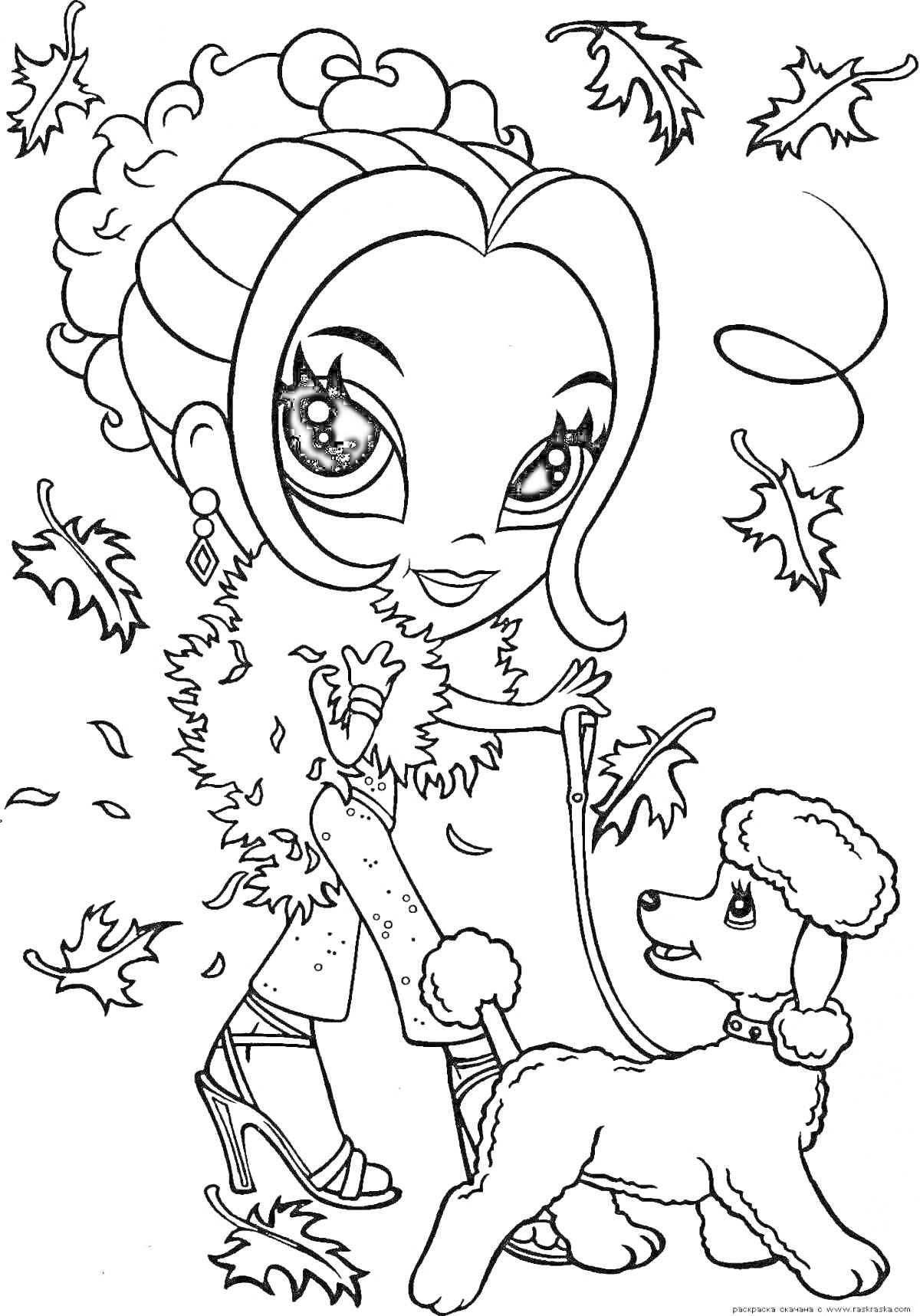 На раскраске изображено: Девочка, Пудель, Осень, Листья, Поводок, Высокие каблуки, Наряд, Волосы, Собака