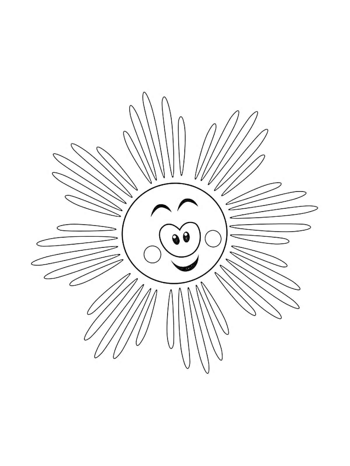 Раскраска Солнышко с улыбающимся лицом и лучами
