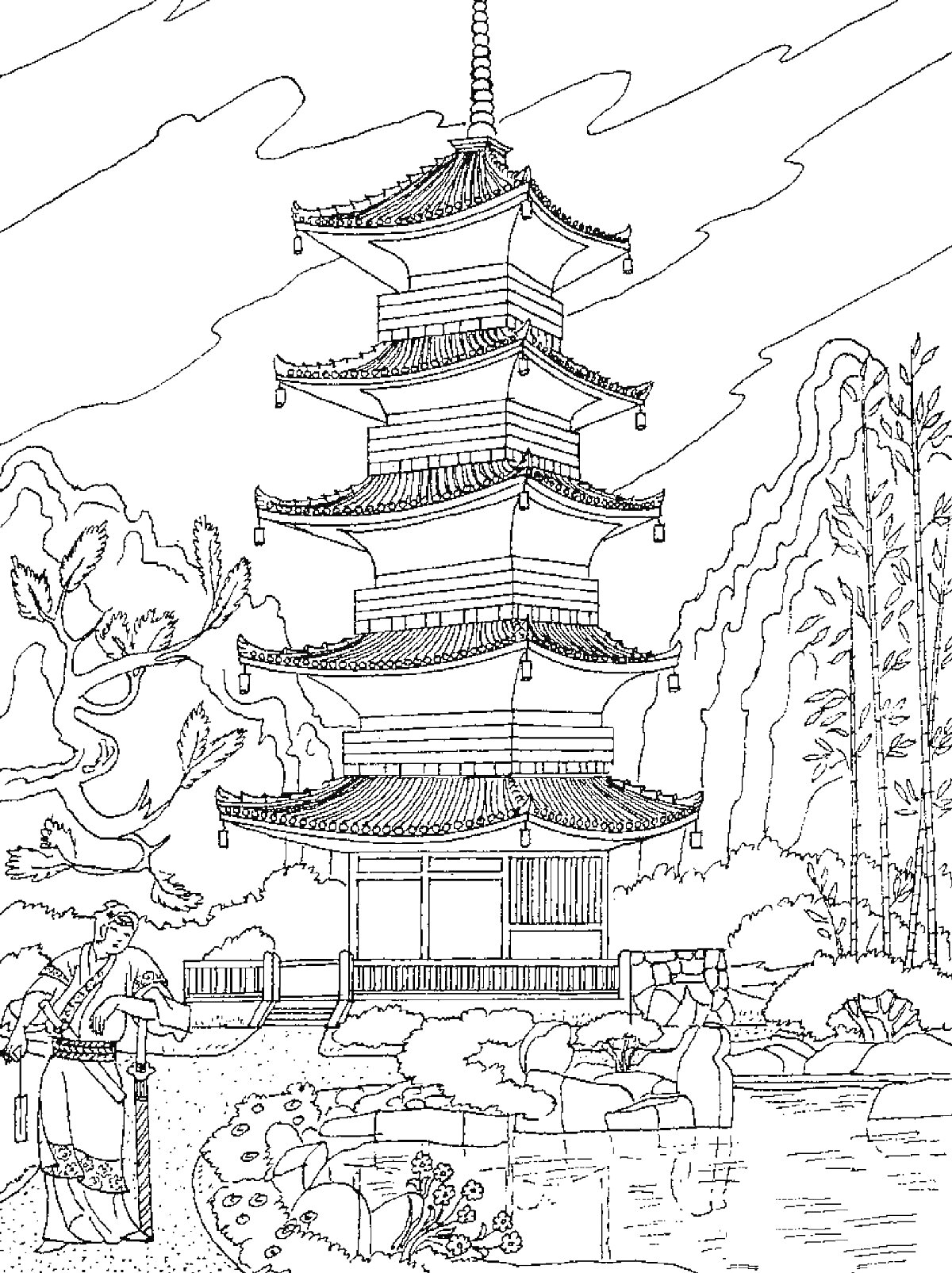 Раскраска Пагода в китайском саду со статуей дракона и деревьями на фоне