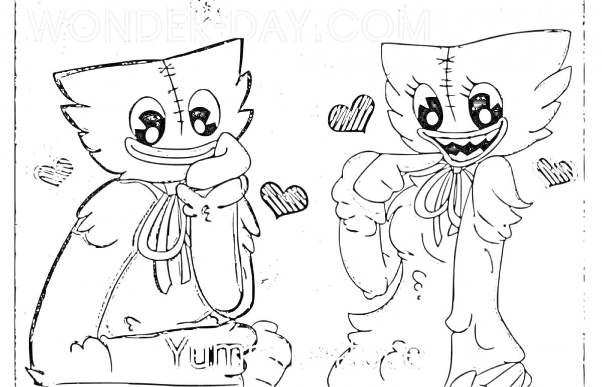 Раскраска Два персонажа Киси Миси с сердцами, один с вышитыми губами и надписью 