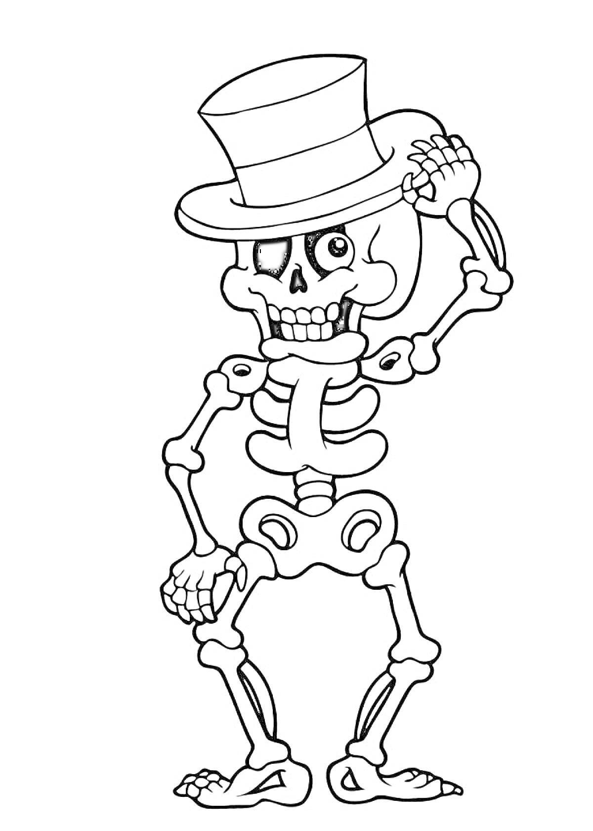 Раскраска Скелет в цилиндре, поднимающий шляпу