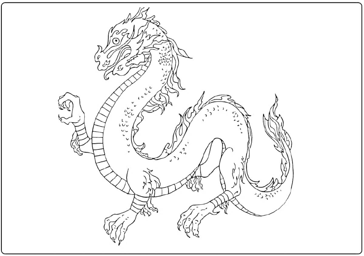 На раскраске изображено: Китайский дракон, Мифология, Восточная культура, Дракон, Искусство, Огонь, Сказочные существа