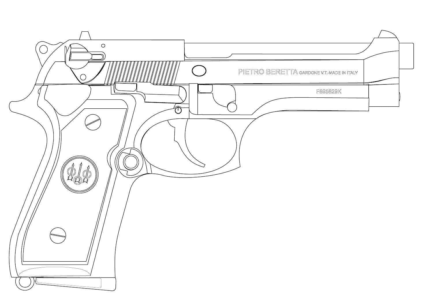 Раскраска Пистолет с логотипом компании BERETTA, маркировкой 
