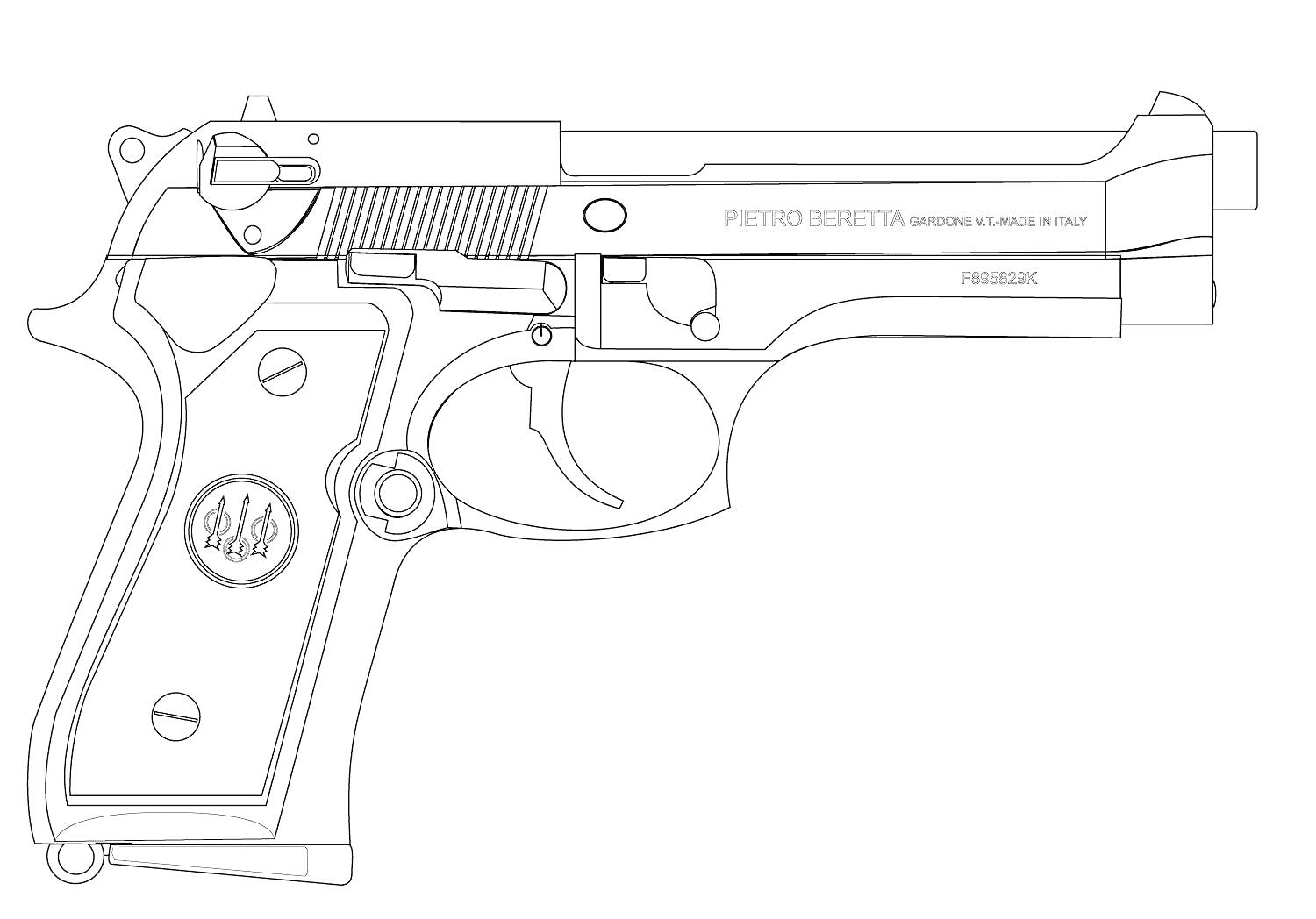 На раскраске изображено: Пистолет, Оружие, Затвор, Ствол, Спусковой крючок, Рукоятка, Италия, Контурные рисунки, Логотипы, Чертежи