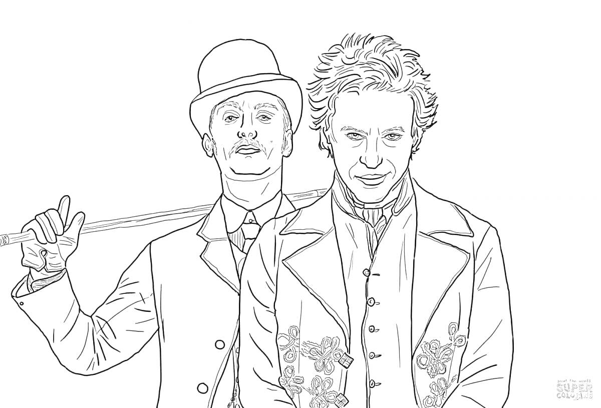 Раскраска Два мужчины в костюмах из телесериала, один из которых держит трость